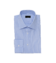 Sky blue dress shirt with white awning stripes, spread collar and barrel cuffs, folded flat lay