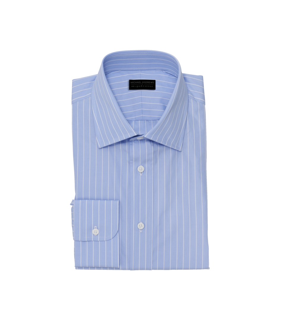 Sky blue dress shirt with white awning stripes, spread collar and barrel cuffs, folded flat lay