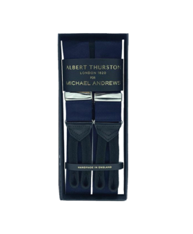 Navy solid suspenders with silver hardware and black leather ends, in a gift box