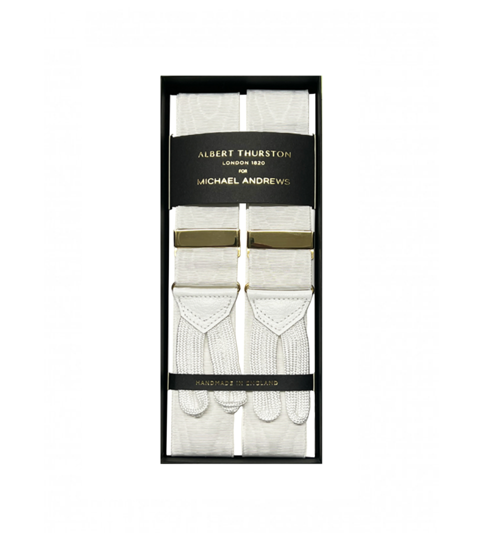 White Moiré Suspenders With Gold Hardware- Handmade in the UK