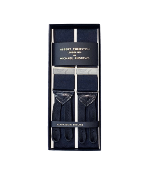 Navy solid suspenders with silver hardware and leather ends, in a gift box