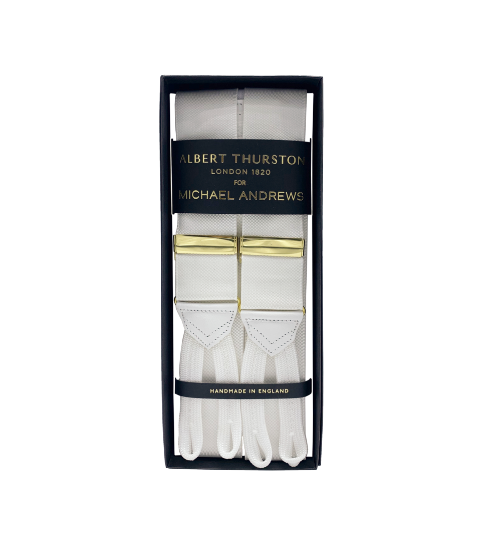 Albert Thurston White Suspenders with Gold Hardware – Handmade in the UK