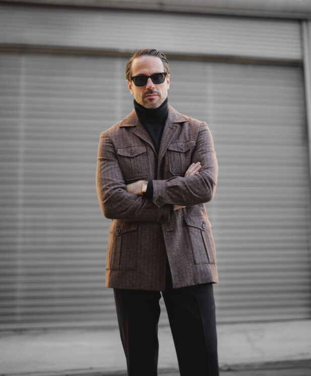 Brown Flannel Safari Jacket With Black Turtleneck Outfit He Spoke Style