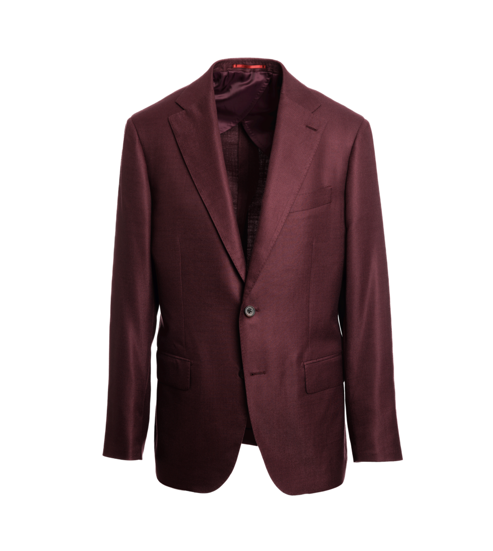 Aubergine bamboo sport coat with notch lapels and a burgundy lining, on an invisible form
