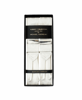 Albert Thurston White Moire Suspenders with Silver Hardware