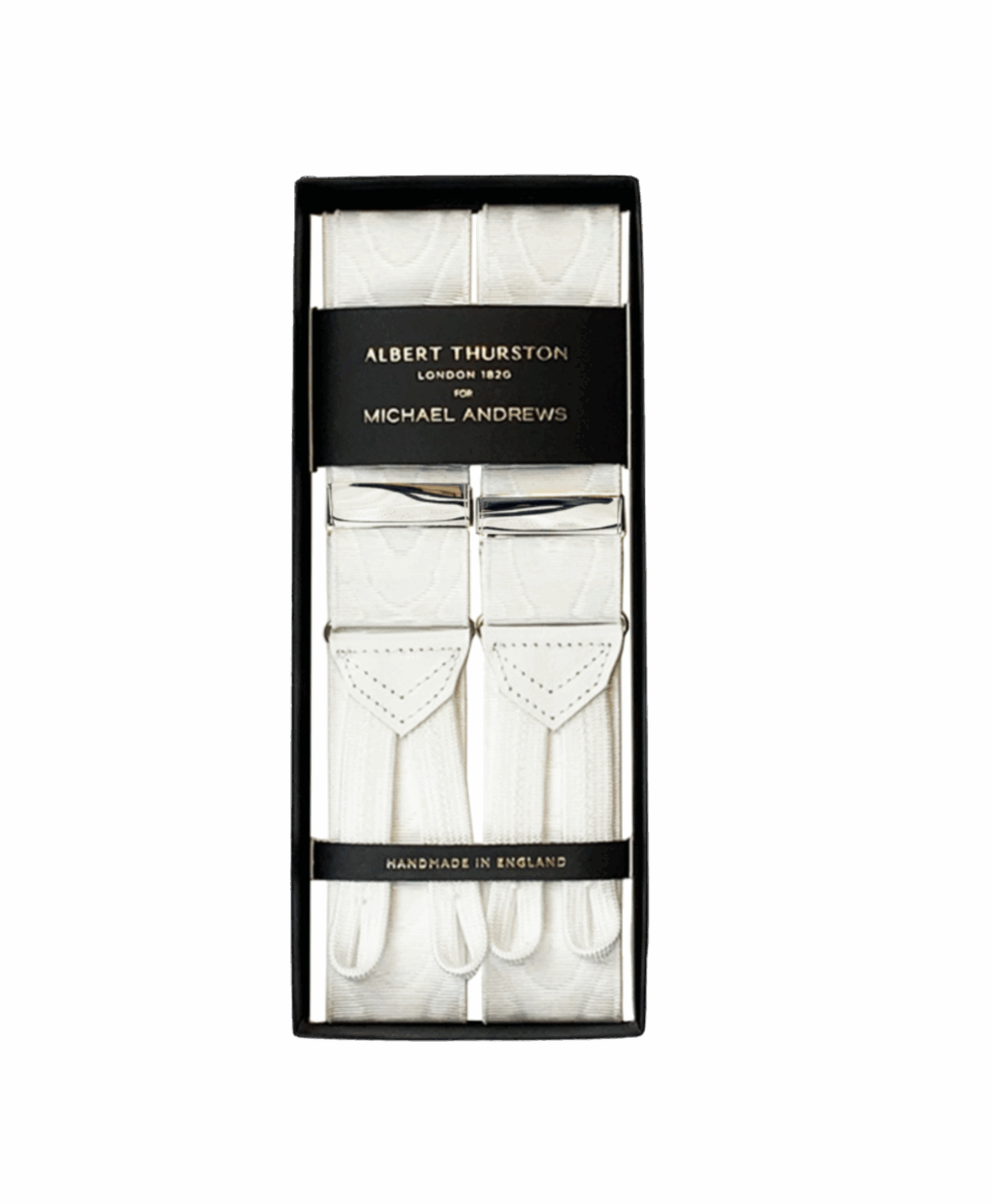 Albert Thurston White Moire Suspenders with Silver Hardware